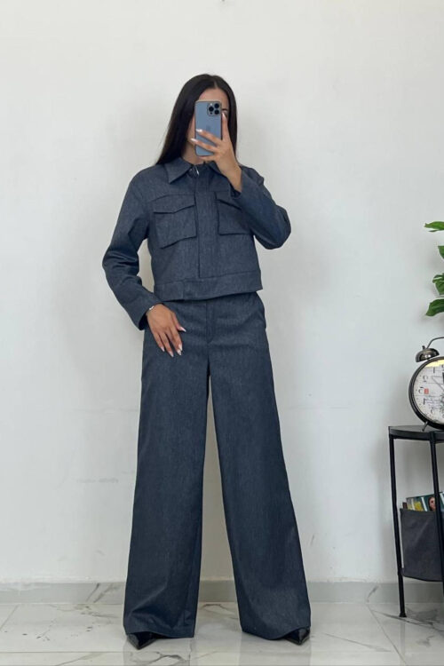 women's navy blue two-piece suit, front view, open-leg pose